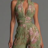 Amelia – green pleated floral jumpsuit