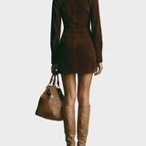 Brown Faux Suede Mini Dress with Stand-Up Collar and Zipper