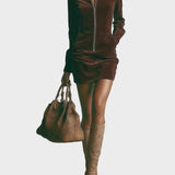 Brown Faux Suede Mini Dress with Stand-Up Collar and Zipper