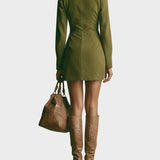 Brown Faux Suede Mini Dress with Stand-Up Collar and Zipper