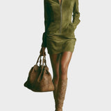 Brown Faux Suede Mini Dress with Stand-Up Collar and Zipper