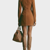 Brown Faux Suede Mini Dress with Stand-Up Collar and Zipper