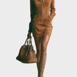 Brown Faux Suede Mini Dress with Stand-Up Collar and Zipper