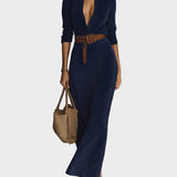 Suede Maxi Dress with Single Fastening and Collar