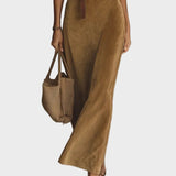 Suede Maxi Dress with Single Fastening and Collar