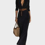 Suede Maxi Dress with Single Fastening and Collar