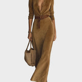 Suede Maxi Dress with Single Fastening and Collar