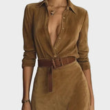 Suede Maxi Dress with Single Fastening and Collar