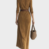 Suede Maxi Dress with Single Fastening and Collar