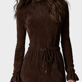 Elegant Midi Dress in Dark Brown Suede with Ties