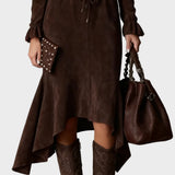 Elegant Midi Dress in Dark Brown Suede with Ties
