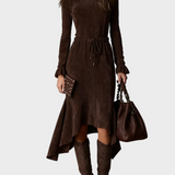 Elegant Midi Dress in Dark Brown Suede with Ties
