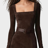 Elegant Dark Brown Maxi Dress Made of Eco-Leather with Square Neckline