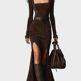 Elegant Dark Brown Maxi Dress Made of Eco-Leather with Square Neckline