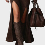 Elegant Dark Brown Maxi Dress Made of Eco-Leather with Square Neckline