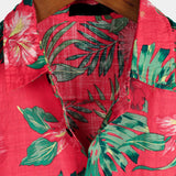 Cotton Short Sleeve Hawaiian Shirt with Red Flowers for Men