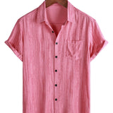 Men's Short Sleeve Cotton Shirt with Pocket in Black Stripes, Breathable