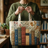 Quilted Fabric Tote Bag - Flowers and Books Collection