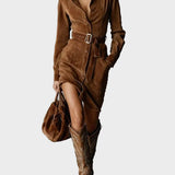 Suede Midi Dress with Long Sleeves and Collar