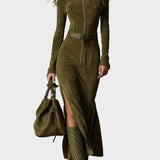 Vintage Green Maxi Dress with Zipper and Belt