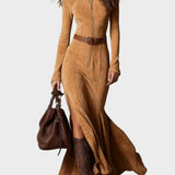 Adrianna - Brown Suede Maxi Dress with Belt and Zipper